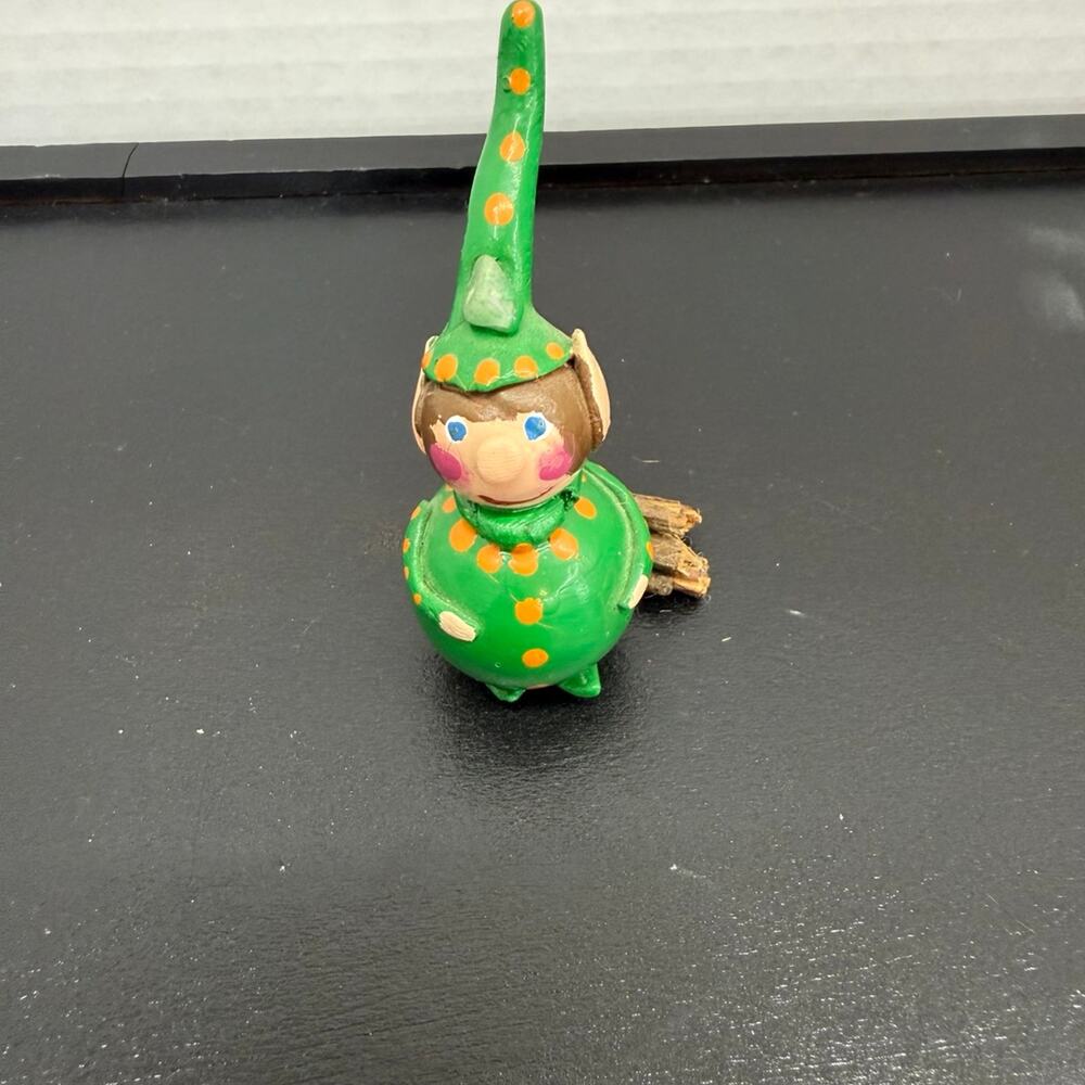 Figurine Gnome Elf Green Outfit Tall Hat  Wood 3” tall